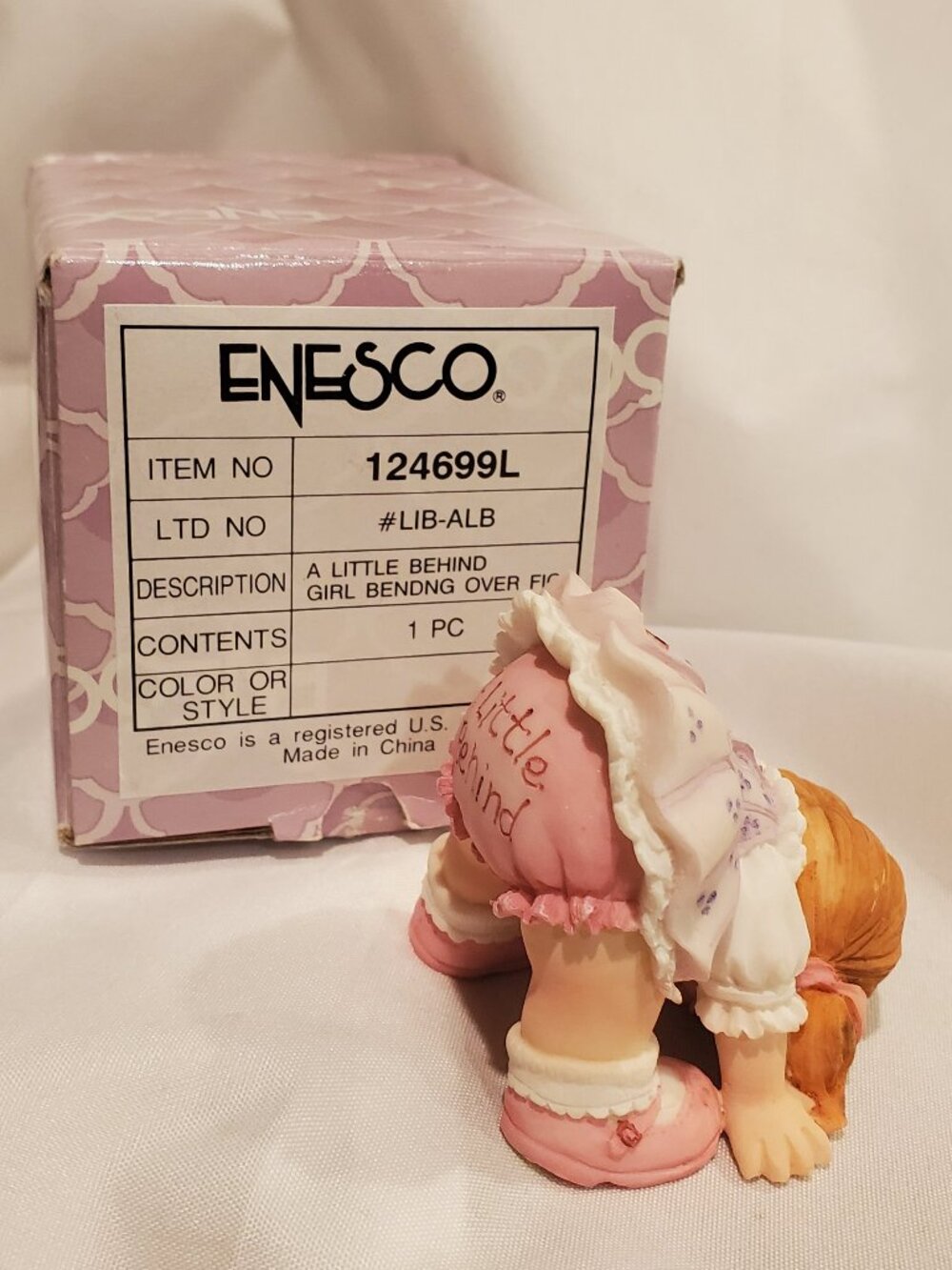 Vintage Enesco "A Little Behind" Girl Bending Over Ceramic Figurine
